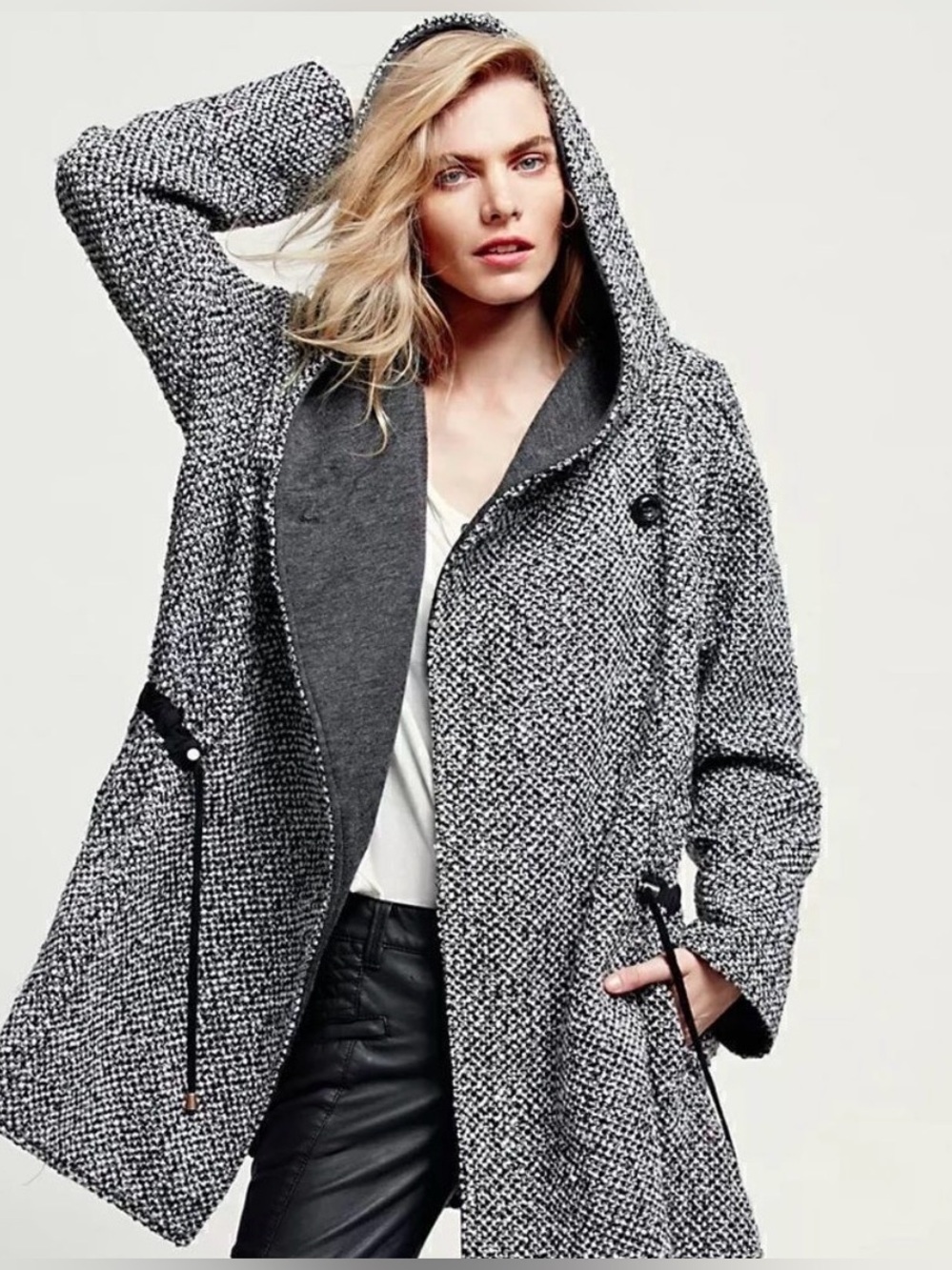 Free People Satellite Image Tweed Hooded Swing Coat – Black & White Medium